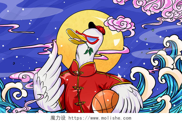 国潮线描动物鹅打篮球插画素材海报背景